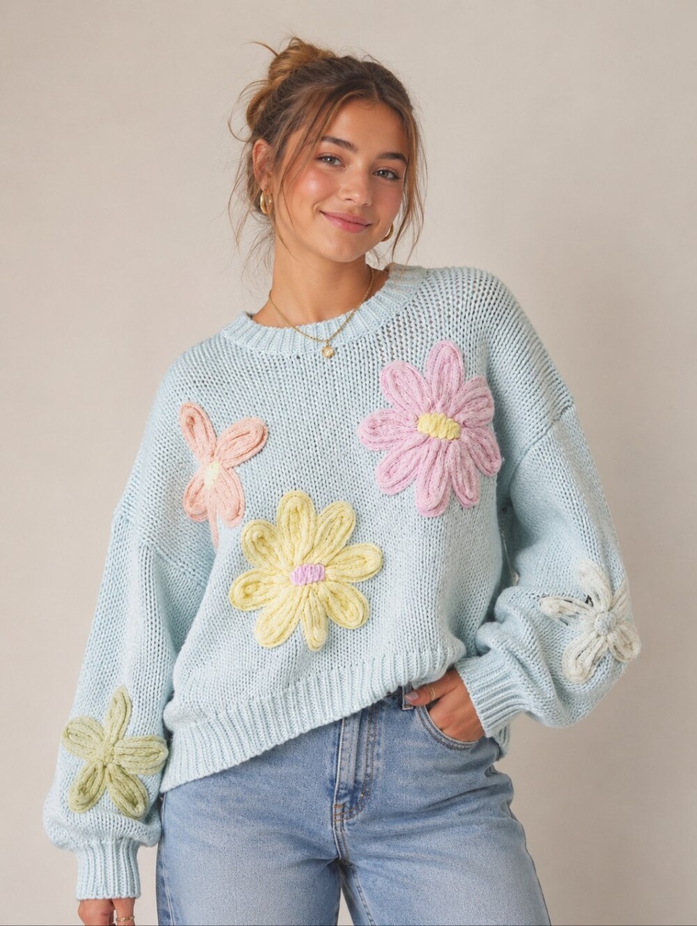 Dreamers Floral Daisy Sweater Size L Baby Blue Multi Color Flowers Knit Pullover